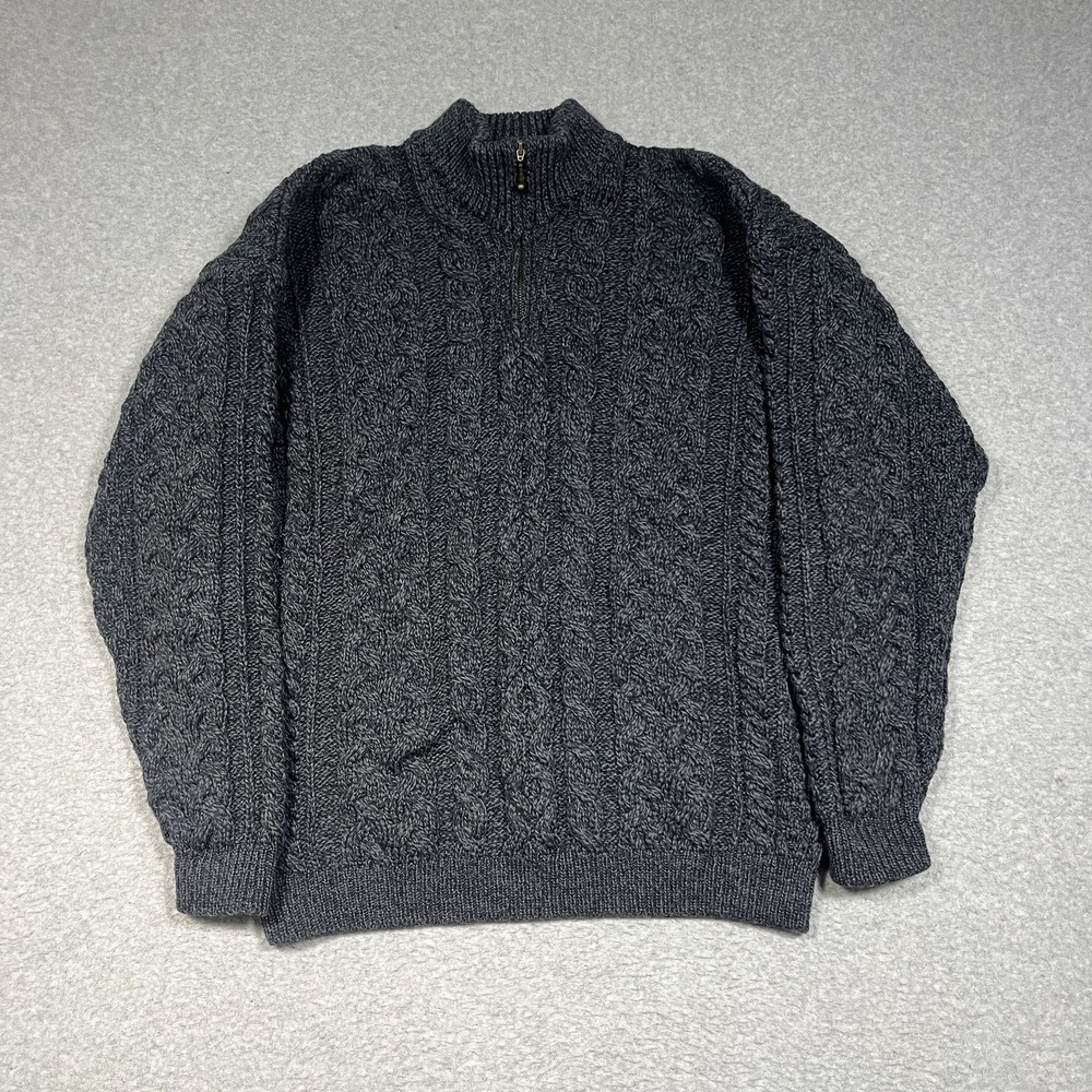 Kilronan Sweater Mens Medium Gray Cable Knit Fisherman 1/4 Zip 100% Merino Wool